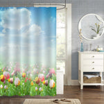 Easter Spring Tulips in a Beautiful Meadow and Cloudscape Shower Curtain - Multicolor