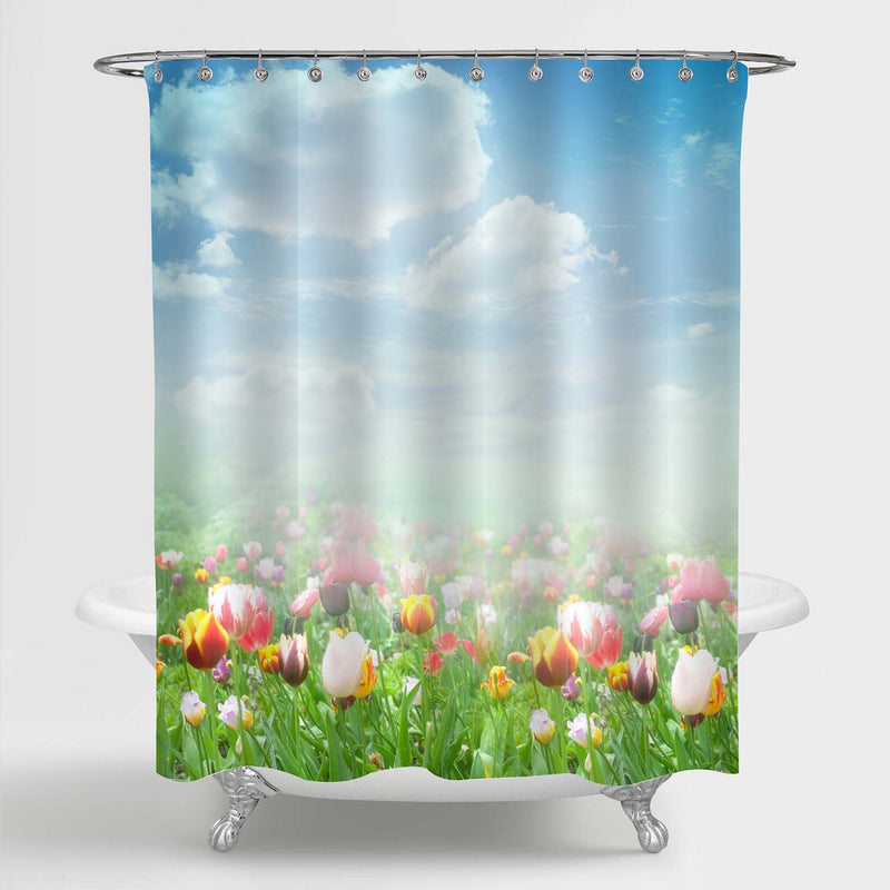 Easter Spring Tulips in a Beautiful Meadow and Cloudscape Shower Curtain - Multicolor