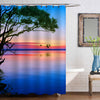 Birds Silhouettes Flying Above the Lake Against Sunset Shower Curtain - Blue Gold
