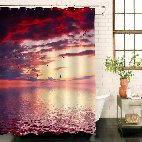 Dramatic Cloudy Sunrise Seascape with Flyring Birds Shower Curtain - Hot Pink