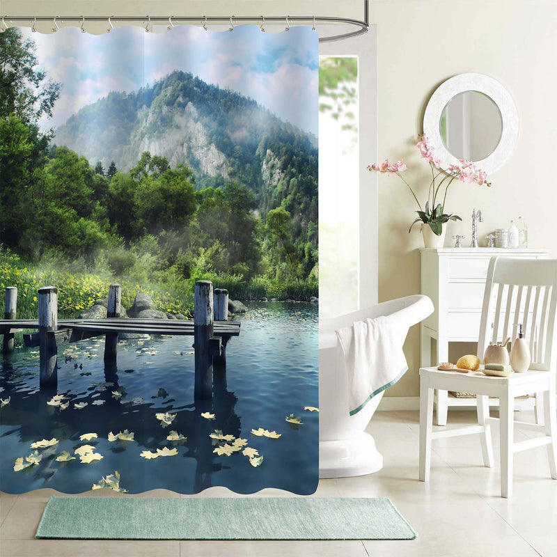 Wooden Jetty on a Blue Lake in the Mountains Shower Curtain - Blue Green