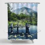 Wooden Jetty on a Blue Lake in the Mountains Shower Curtain - Blue Green