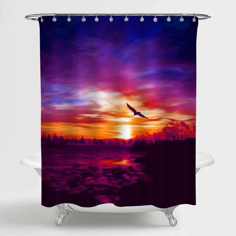 Birds Silhouettes Flying Sunset Sky Go Home Shower Curtain - Purple Red
