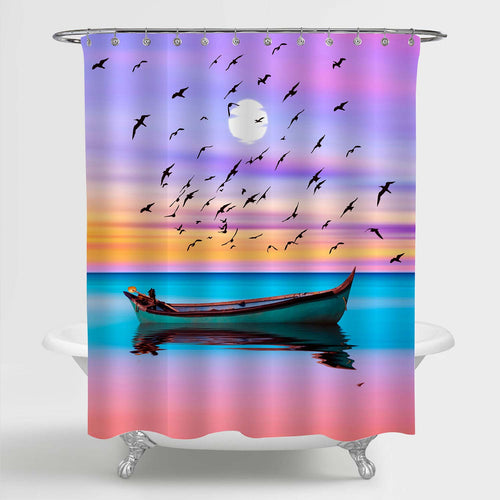A Dozen of Flying Birds and Lonely Boat under Colorful Sunset Sky Shower Curtain - Multicolor
