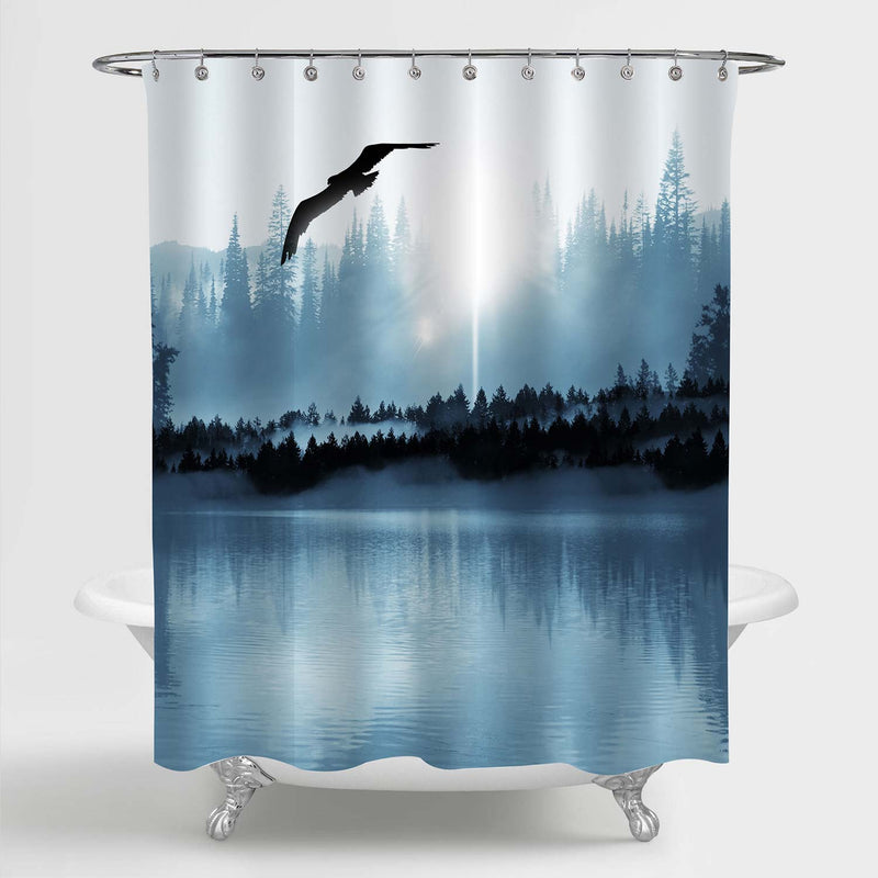 Mysterious Autumn Foggy Lake and Forest Landscape Shower Curtain - Grey