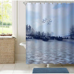 Calm Water in a Forest Lake with Pine Trees and Flying Birds in Misty Sky Shower Curtain - Grey