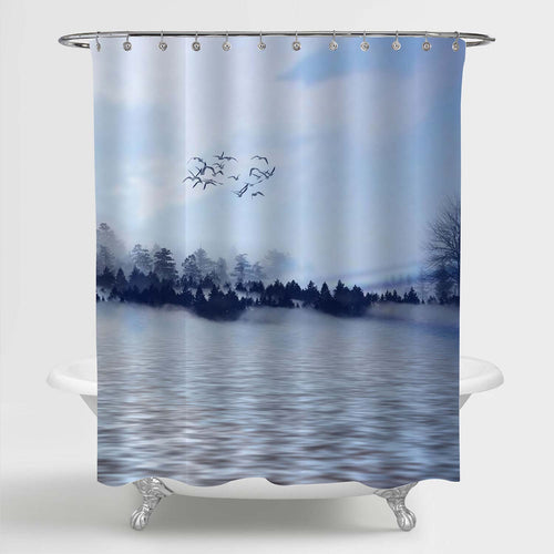 Calm Water in a Forest Lake with Pine Trees and Flying Birds in Misty Sky Shower Curtain - Grey