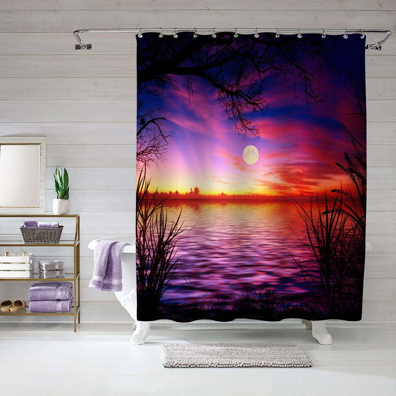 Moon Night Lake with Grass and Tree Shower Curtain - Purple Gold