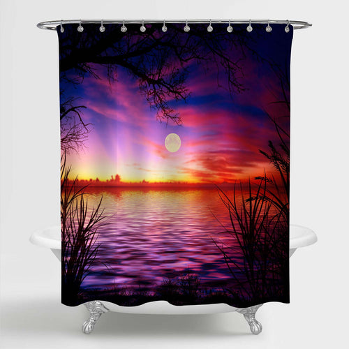 Moon Night Lake with Grass and Tree Shower Curtain - Purple Gold