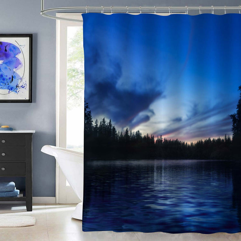 Evening Autumn Landscape with a Calm Pond and Mysterious Forest Shower Curtain - Dark Blue