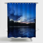 Evening Autumn Landscape with a Calm Pond and Mysterious Forest Shower Curtain - Dark Blue
