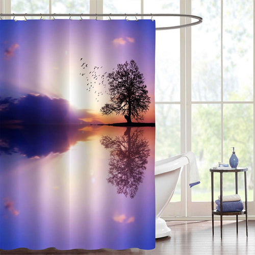 Lonely Tree on the Island and Flying Birds Against a Sunset Sky Shower Curtain - Purple