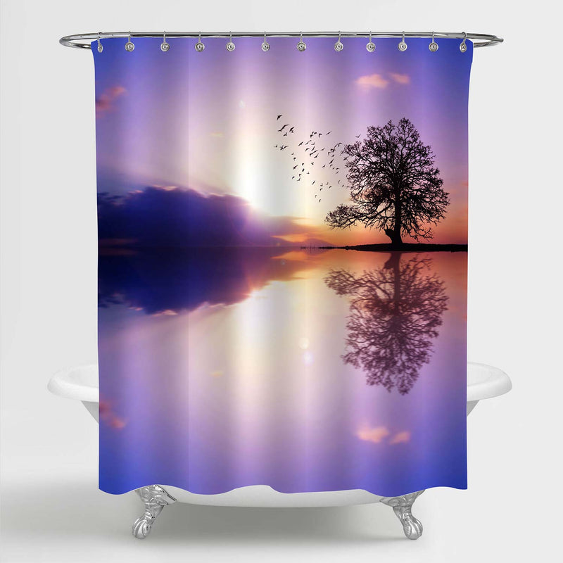 Lonely Tree on the Island and Flying Birds Against a Sunset Sky Shower Curtain - Purple