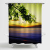 Tree Branch in Green Leaves on a Yellow Sky Background Shower Curtain - Green Blue