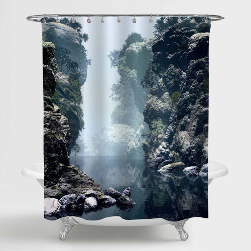 Calm Lake Water and Rocks in the Haze Shower Curtain - Grey