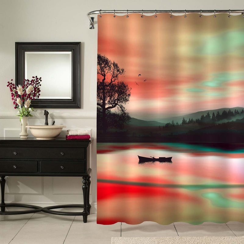 Summer Sunset over Pond with Background of Flying Birds and Forest Tree Shower Curtain - Multicolor