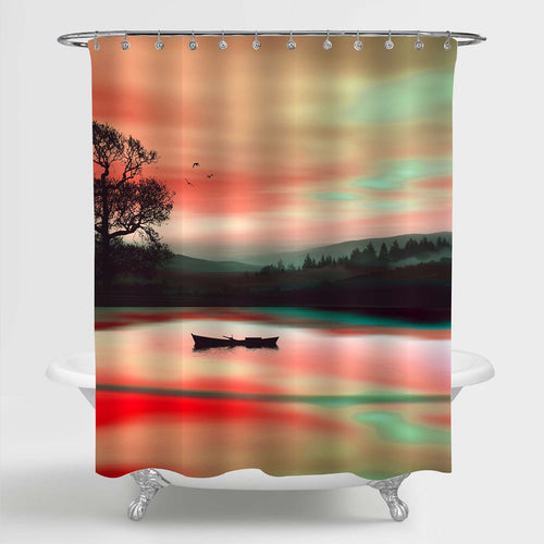 Summer Sunset over Pond with Background of Flying Birds and Forest Tree Shower Curtain - Multicolor