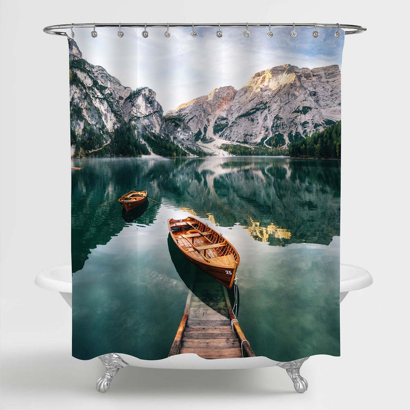 Wooden Bridge and Boat with Alps Mountains Shower Curtain - Green