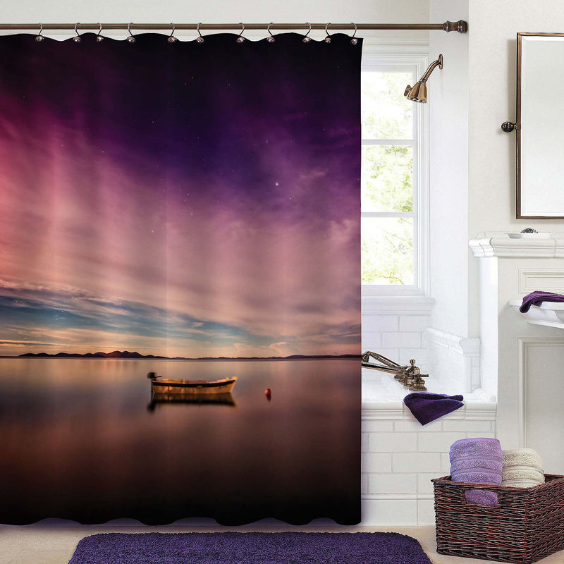 Lonely Boat Floating on Peaceful Lake Shower Curtain - Purple