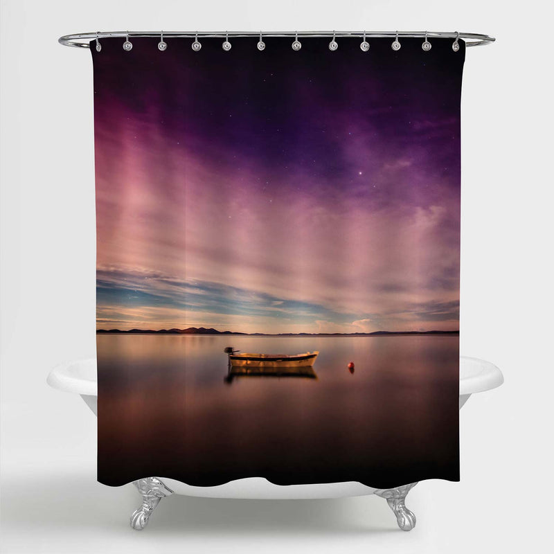 Lonely Boat Floating on Peaceful Lake Shower Curtain - Purple