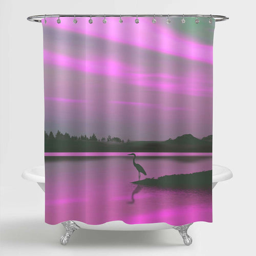 Silhouetted Sandhill Crane Stands in Shallow Water Shower Curtain - Purple