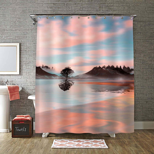 Sunrise on the Beach with Reflection of Sky and Mangrove Tree Shower Curtain - Coral Black