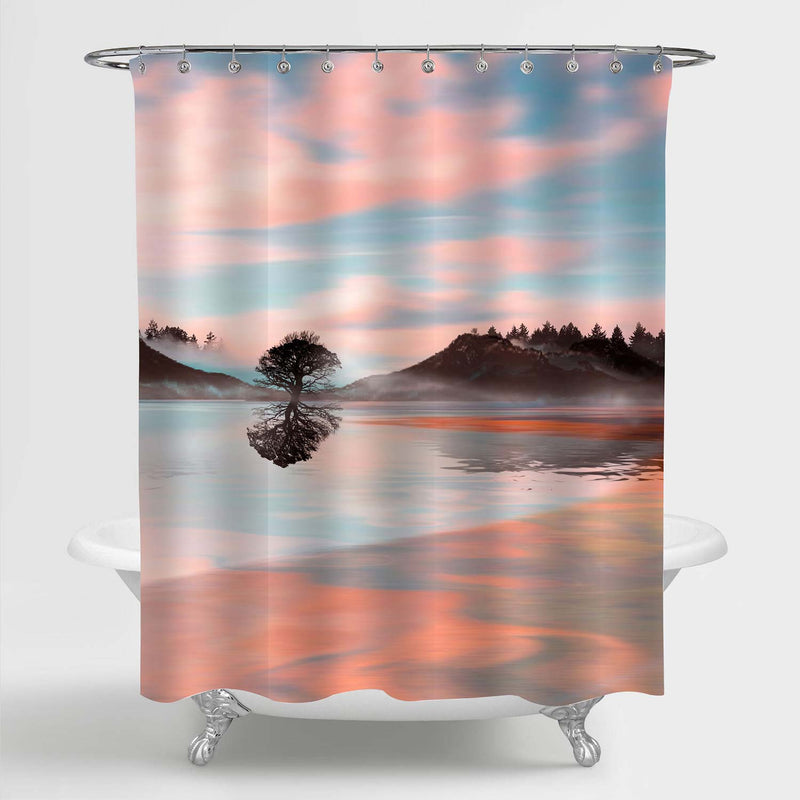 Sunrise on the Beach with Reflection of Sky and Mangrove Tree Shower Curtain - Coral Black