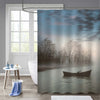 Moored Boat on Lake Shore Near Forest Tree Shower Curtain - Grey Blue