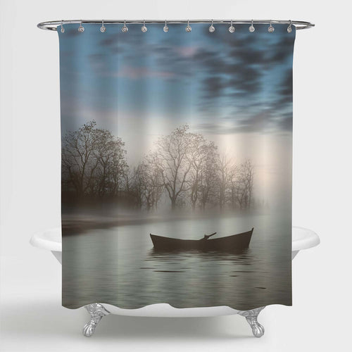 Moored Boat on Lake Shore Near Forest Tree Shower Curtain - Grey Blue