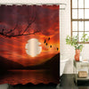 Sunset over Lake with Flying Common Crane and Mountains Shower Curtain - Red Black