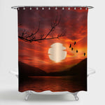 Sunset over Lake with Flying Common Crane and Mountains Shower Curtain - Red Black