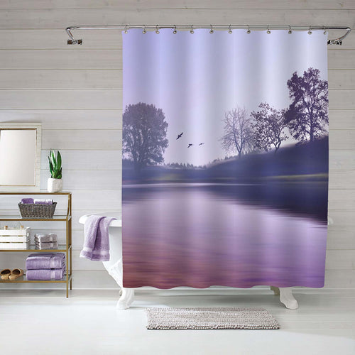 Peaceful Moring Fog on the Lake and Big Trees Shower Curtain - Purple