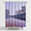 Peaceful Moring Fog on the Lake and Big Trees Shower Curtain - Purple