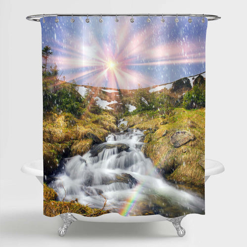 Stormy Clean Waterfall Stream Flowing on the Wild Mountain Slopes Shower Curtain - Yellow