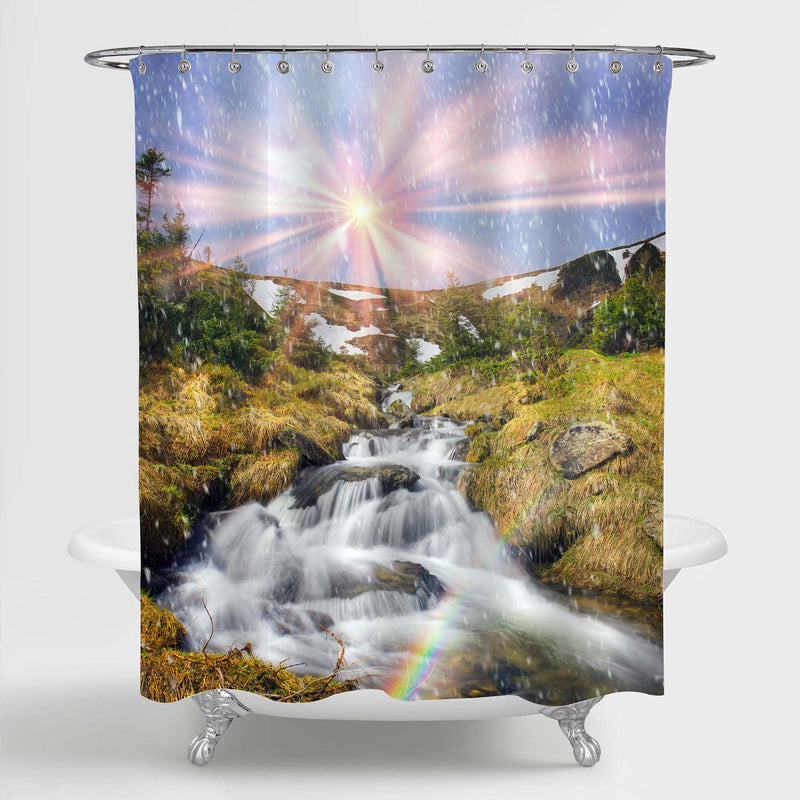 Stormy Clean Waterfall Stream Flowing on the Wild Mountain Slopes Shower Curtain - Yellow