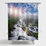 Waterfall Stream Flowing Over Rocks in Forest Woodland Shower Curtain - Blue Green