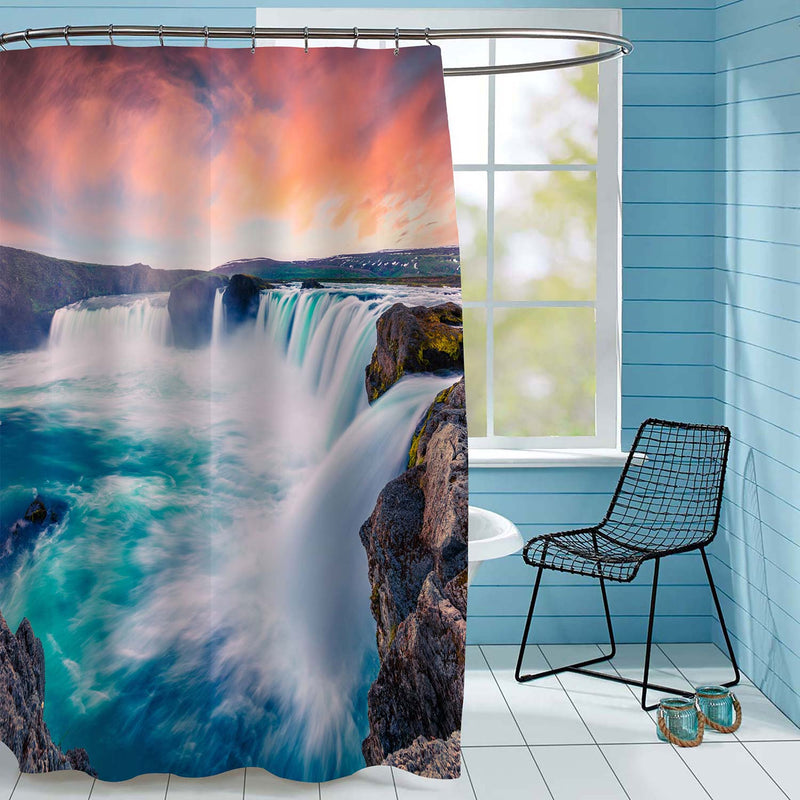 Dramatic Sunset on the Waterfall Shower Curtain - Red Blue