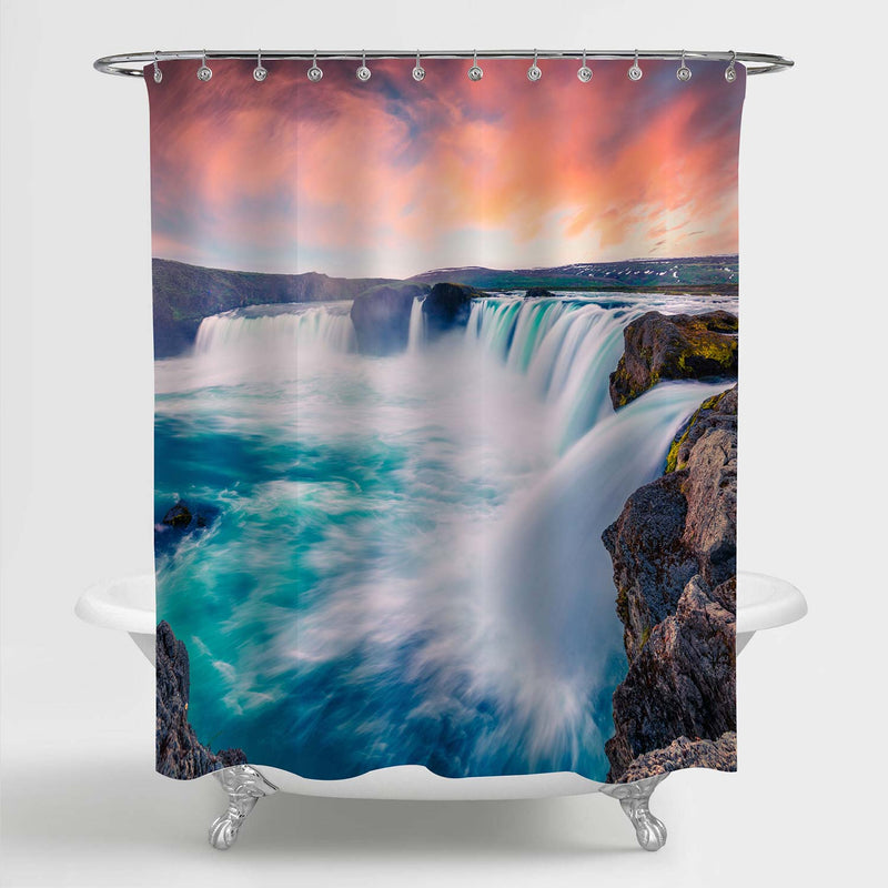 Dramatic Sunset on the Waterfall Shower Curtain - Red Blue