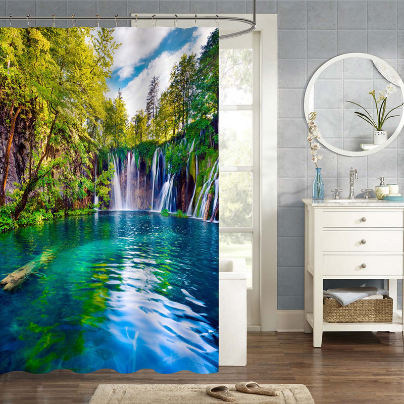 Spring Scene of Green Forest with Pure Waterfall Shower Curtain - Green