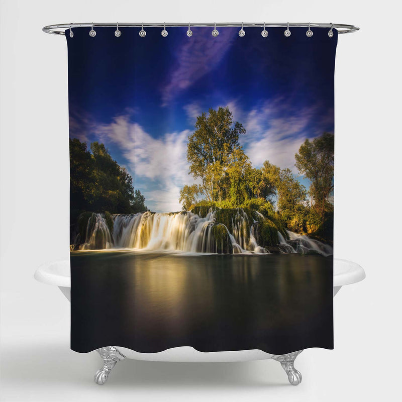 Waterfall with Autumn Blue Sky Shower Curtain - Blue Green