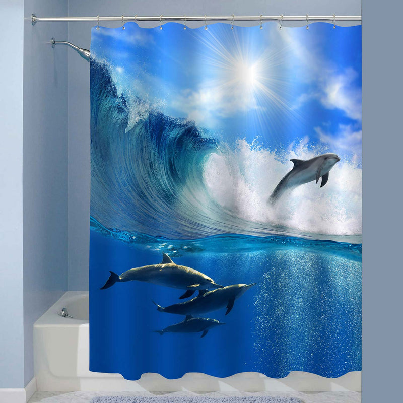 Flock of Playful Dolphins Swimming Underwater Shower Curtain - Blue