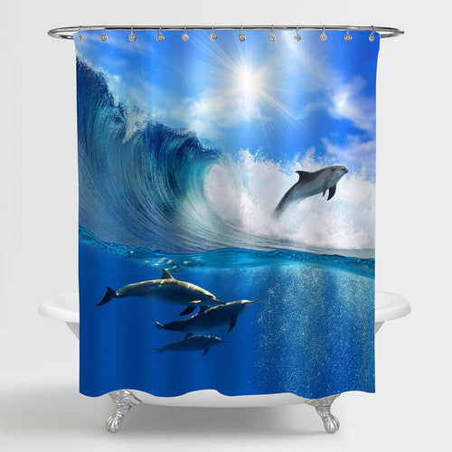 Flock of Playful Dolphins Swimming Underwater Shower Curtain - Blue