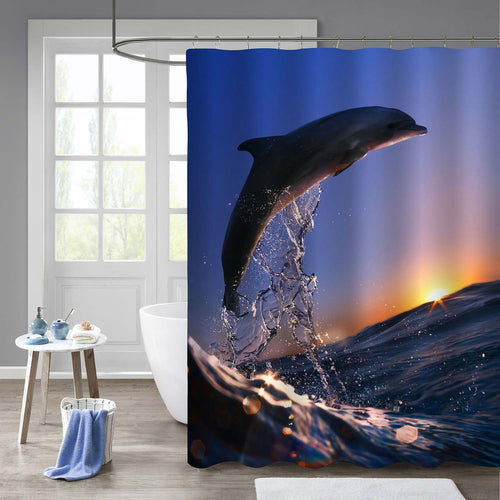 Dolphin Jumped from Sea Wave at Sunset Time Ishower Curtain - Blue Gold