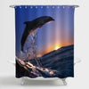 Dolphin Jumped from Sea Wave at Sunset Time Ishower Curtain - Blue Gold