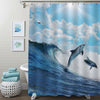 Playful Dolphins Leaping from Ocean Breaking Surfing Wave Shower Curtain - Blue