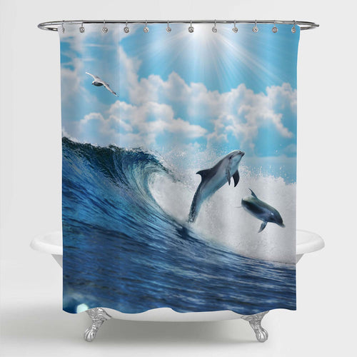 Playful Dolphins Leaping from Ocean Breaking Surfing Wave Shower Curtain - Blue