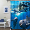 Dolphins Family Swimming in the Blue Tropical Sea and Breaking Splashing Wave Shower Curtain - Blue