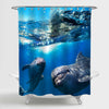 Dolphins Family Swimming in the Blue Tropical Sea and Breaking Splashing Wave Shower Curtain - Blue