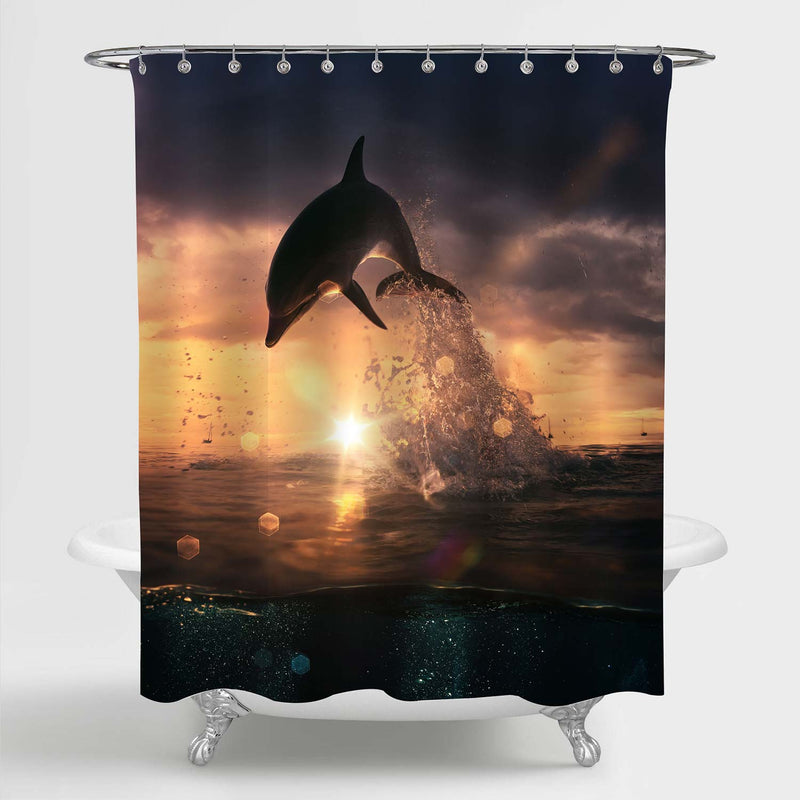 Dolphin Jumped from the Ocean at the Sunset Time Shower Curtain - Gold