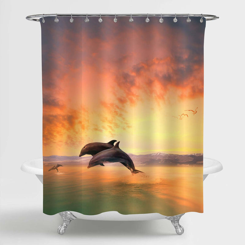 Couples of Sea Dolphin Jumping Through Ocean Wave Shower Curtain - Gold